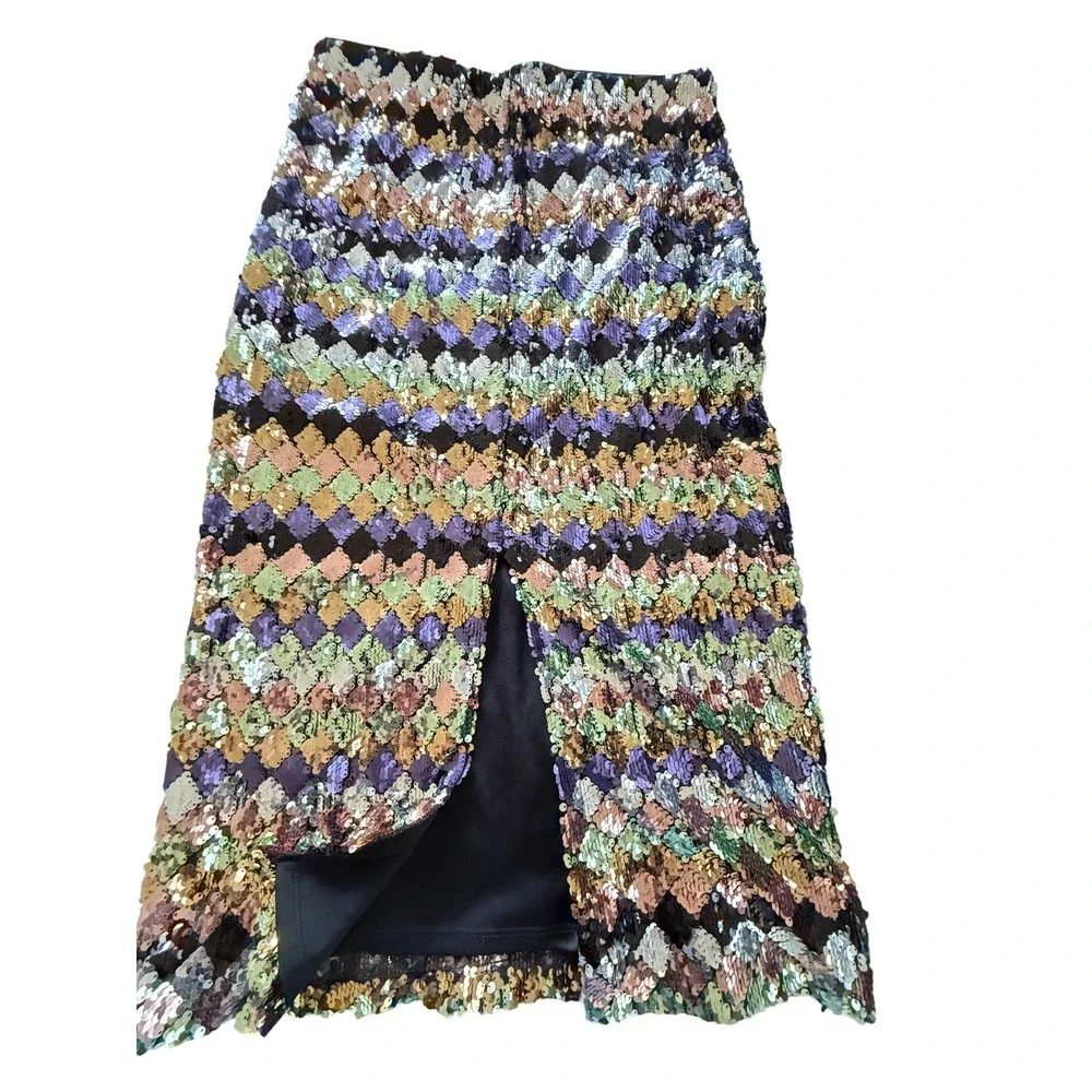 Zara Multi Color Sequin Diamond Harlequin Midi Pencil Skirt Back Slit ‎ M Glam